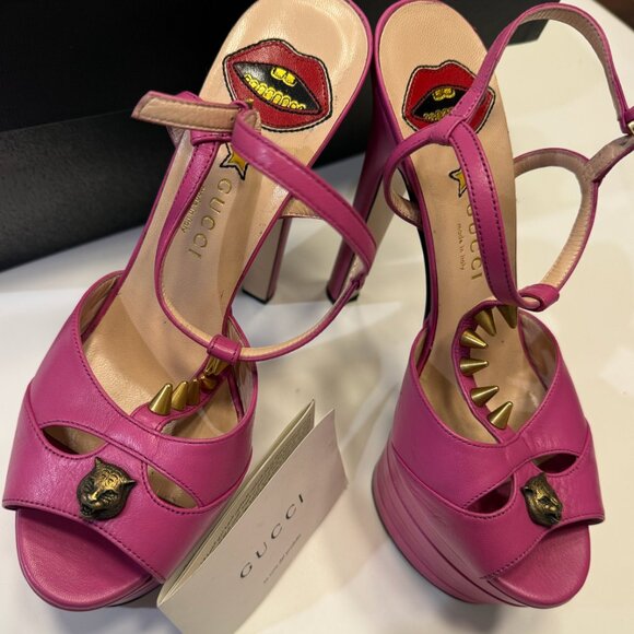 Gucci Malaga Kid Angel T-Strap Platform High Heels size 38 (size 7 American) - Picture 2 of 2
